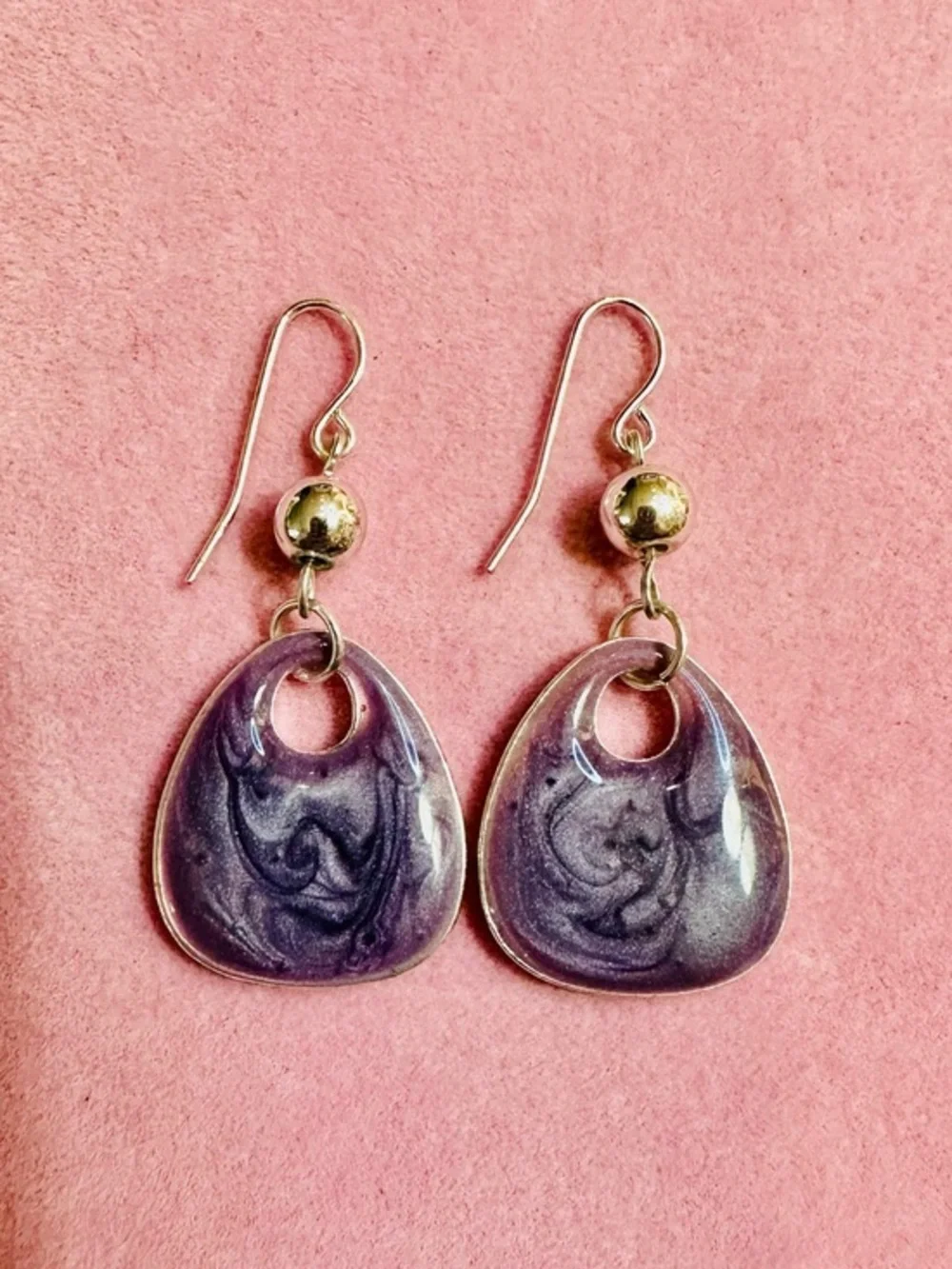 Purple Marble Resin Drop Earrings Silver Tone
